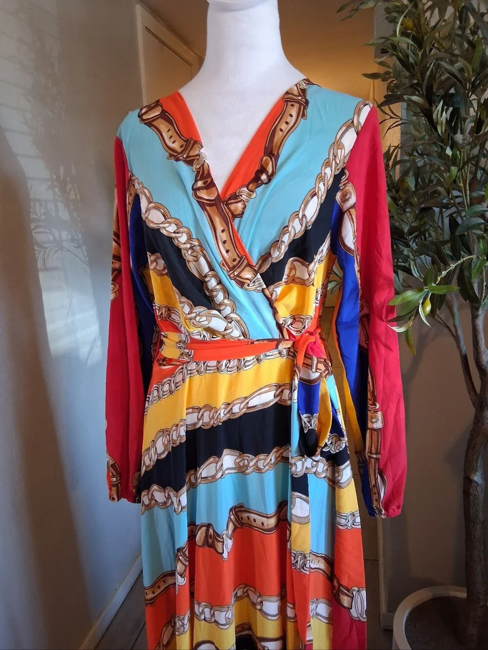 Dareen Hand‎ Made Chain Print Maxi Dress SzL Multicolor Wrap Vacation Beach